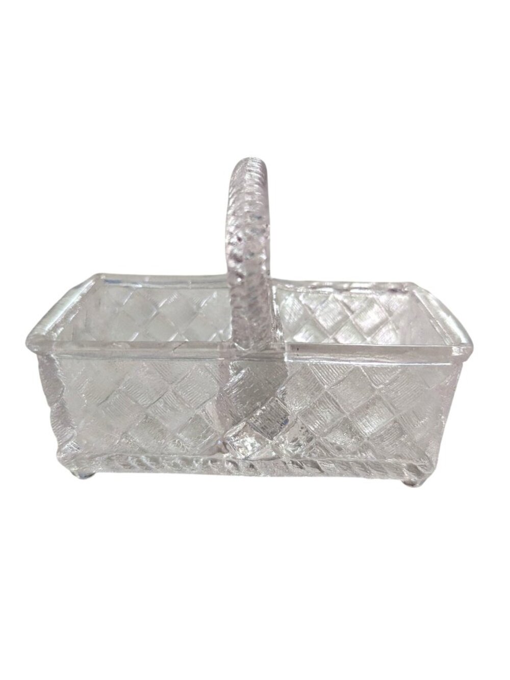 Clear Glass Salt Cellar Basket With Textured Diamond Pattern & Handle 4.5"x2.5"x